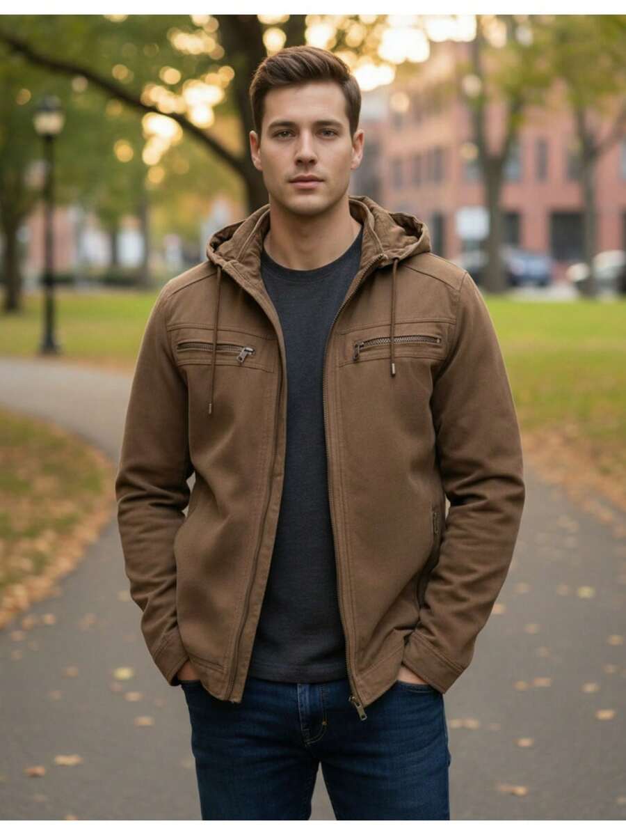 Men's Winter Jacket/Coat In Twill Fabric With Warm Lining And Hood - Rust Brown - View 1