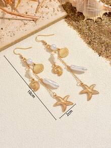 一对简约优雅的海洋元素海星贝壳流苏耳环，度假风百搭耳环，适合夏季约会和假日佩戴 - 金色 - 查看 4