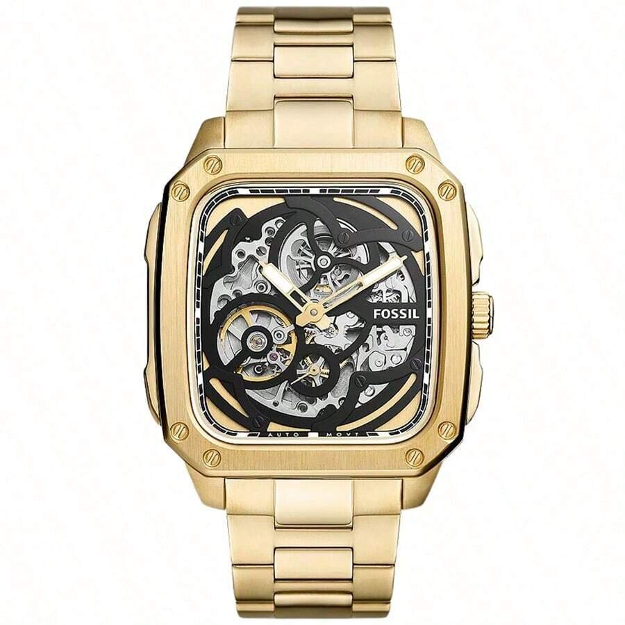 Fossil BQ2573 Men's Automatic Mechanical Watch, Gold Square Case, Hollow Dial, Stainless Steel Strap - Gold - View 1