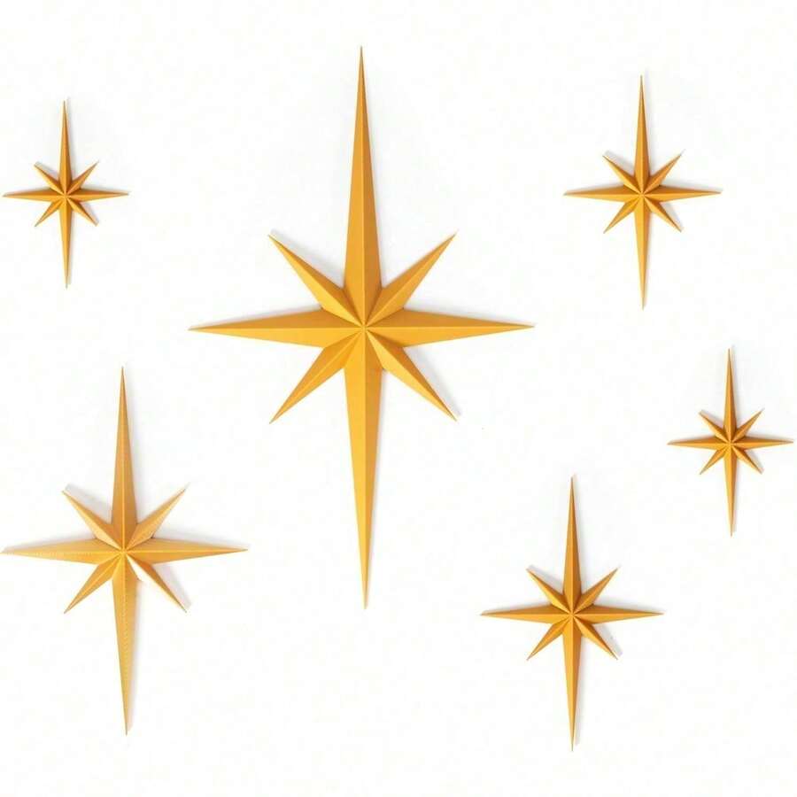 Stylor Mid Century Modern Decor, Gold Retro 3D Star Art Wall Sculpture, Plastic Starburst Decor, Vintage Celestial Whimsigoth Home Decor Accent. (Set Of 6) WS - 金色 - 查看 1