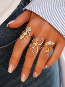 3pcs/1pc Minimalist Floral Open Rings Set, Golden & Silver Tone Flower & Butterfly Design Adjustable Finger Rings, Fashion Jewelry For Women, Suitable For Daily Wear, Stacking, Party & Valentine's Day Gift - Multicolor - View 3
