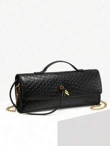 Women's Retro Minimalist Faux Woven Texture Angora Red Vintage Flap Lock Large Capacity Clutch Handbag, Shoulder Bag For Parties, Outings And Daily Use - 黑色 - 查看 2