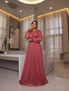 Elegant Women's Long Dress With Long Sleeves And Pleats, Suitable For Bridesmaids, Bridesmaids, Mothers Of The Bride, Groomsmen, Weddings, Graduations, And Evangelical Fashion. - 藕粉色 - 查看 1