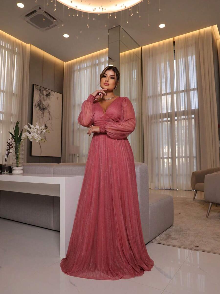 Elegant Women's Long Dress With Long Sleeves And Pleats, Suitable For Bridesmaids, Bridesmaids, Mothers Of The Bride, Groomsmen, Weddings, Graduations, And Evangelical Fashion. - 藕粉色 - 查看 1