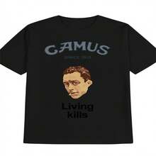 Women's Retro French Literary Theme T-Shirt - Inspired By Albert Camus's *The Living Dead* And *The Plague*, This Casual Crew Neck Summer T-Shirt Is Machine Washable In Black And Perfect For Book Lovers And Philosophy Enthusiasts. Featuring A Retro Patchwork Pattern. - 黑色 - 查看 2