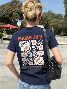 Tween Girls' Casual Printed Crew Neck Short Sleeve T-Shirt, Summer Top - Navy Blue - View 8