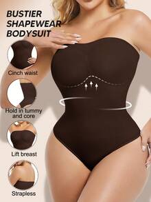 Women's Solid Color Strapless Push-Up Waist And Tummy Control Bodysuit ,Sculpting Body Shaper,Slimming Thong Bodysuit Smooth Shapewear For Women Tube Top Invisible Off-Shoulder Underwear For High Slit Dresses - 棕色 - 查看 3