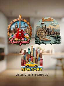 1张2D亚克力利物浦红吉他、西雅图天际线、自由女神像冰箱贴，适用于厨房、餐厅或办公室装饰，旅行收藏品，适合旅行爱好者，是绝佳的旅行纪念品，也适合作为乔迁礼物送给朋友。 - 城市冰箱貼 - 查看 2