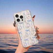 1pc Floral & Blue Bow Transparent Phone Case With Precise Cutouts - Clear - View 3