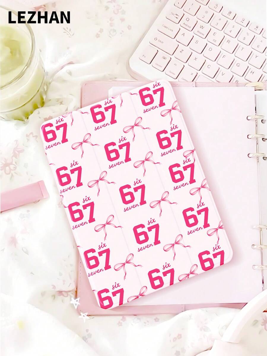 1pc Pink Bow & Number Design Tablet Protective Case With Pencil Slot, Anti-Drop, Tri-Fold Tablet Stand, Compatible With 10.2", Pro 11" 2021/2020/10th Gen, (A16) 11" 11th Gen 2025, 8th/9th/10th Gen, Galaxy Tab A8 10.5" 2022, Matepad 10.4"/Tab, , Support Sleep/Wake, Romantic Personalized Gift - Multicolor - View 1