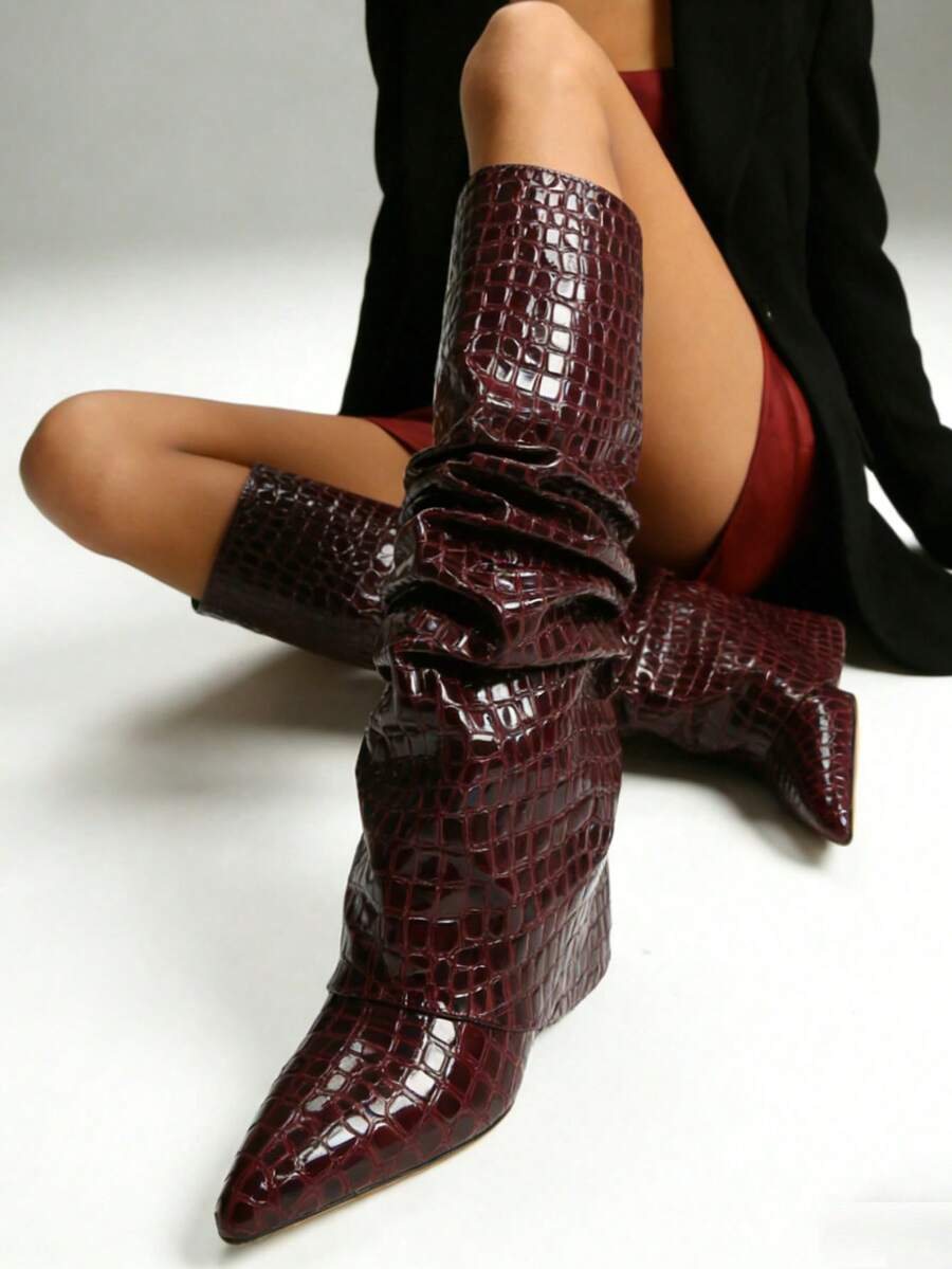 Winter Boots Women Slouched Ruched Fold Over Boots Covered Wedge Block Heel Knee High Punk Gothic Fashion Luxury Shark Shoes For Woman - hạt đá đỏ - Xem 1