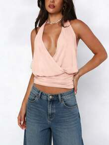 Womens Y2k Solid Color Loose Fit Crop Top Stylish Sleeveless Halter Neck Open Back Tank Vest Fashionable Going Out Cami Top For Summer Party Dailywear - Hồng - Xem 3