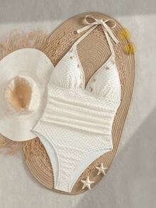Plus Size Summer Beach Halter Spaghetti Strap Beaded, Shell, Starfish, Fringe Decor Ruched One-Piece Swimsuit (Fringe Trim Decor Placement Random) - Beige - View 4