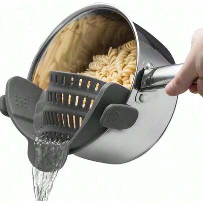 Snap N' Strain - Silicone Pasta Strainer Clip-On For Pots And Pans - Heat Resistant Colander For Vegetables And Noodles - Kitchen Gadgets For Cooking - Space-Saving Design - Gray
