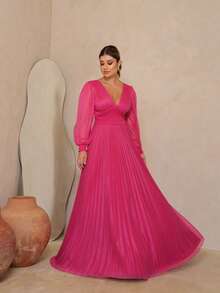 Elegant Women's Long Dress With Long Sleeves And Pleats, Suitable For Bridesmaids, Bridesmaids, Mothers Of The Bride, Groomsmen, Weddings, Graduations, And Evangelical Fashion. - 玫紅色 - 查看 1