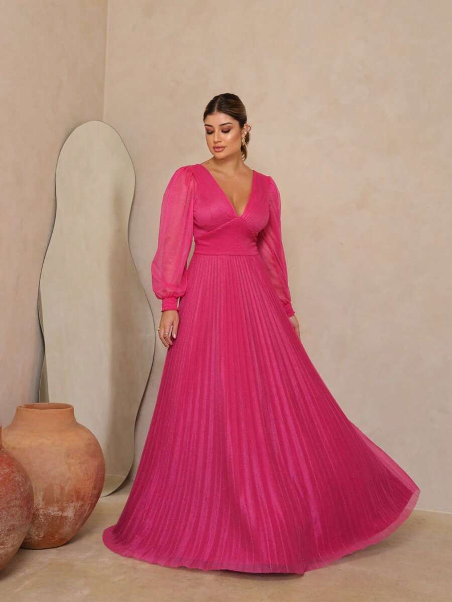 Elegant Women's Long Dress With Long Sleeves And Pleats, Suitable For Bridesmaids, Bridesmaids, Mothers Of The Bride, Groomsmen, Weddings, Graduations, And Evangelical Fashion. - 玫紅色 - 查看 1