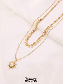1pc Fashion Vintage Stainless Steel Necklace For Women Pearl Sun Charm Round DoubleLayer Necklace Jewelry For Daily Decoration - necklace - View 6
