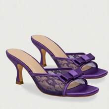 Chase & Chloe Women Sheer Lace Bow Heeled Mule Sandals Open Toe Slip On Dress Slide Mid Heel Elegant Evening Party Shoes - 紫色 - 查看 2
