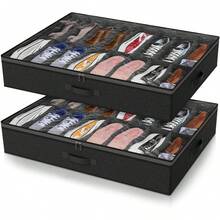 2pc 24-Grid Foldable Under-Bed Shoe Storage Box, 24 Compartment Non-Woven Dust-Proof Stackable Shoe Organizer, Space Saving & Sturdy, Made Of 2mm Thick Cardboard, Suitable For High Heels & Sneakers, 29.3 Inches, Essential Home Organization & Storage - màu đen - Xem 10