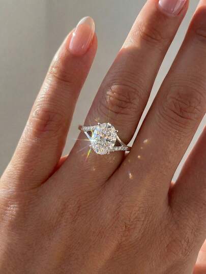 1pc Women's 925 Sterling Silver Hollow 4-Prong Oval Ring With Inlaid Diamonds, Shimmering Openwork Eternal Ring, Exquisite Jewelry Gift For Wedding Engagement