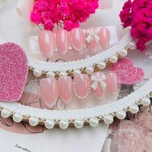 24Pcs White French Tip Press On Nails Short Almond Fake Nails With 3D Bow Pearl Design Cute Acrylic Nails Kit Glossy Nude Pink Full Cover Glue On Nails For Women DIY Valentines Wedding Nail Decoration - Style18 設計-18 - 查看 5