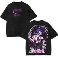 Reze Bomb Devil Oversized Anime Manga 2 Sided Washed T-Shirt Cotton Unisex Menswear Streetwear Graphic Tee Long Sleeve Clothes Tshirts Gamis - 黑色 - 查看 2