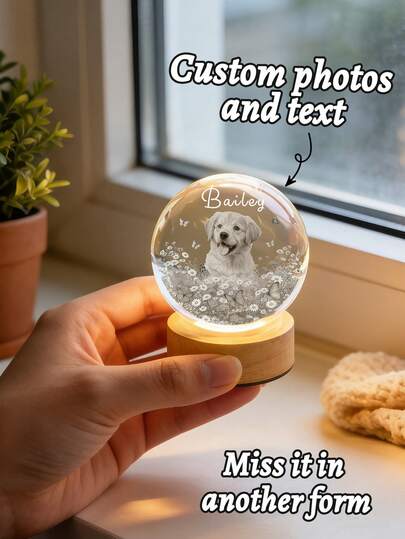 1 chiếc đèn ngủ tưởng niệm thú cưng cá nhân hóa, đèn ngủ hình quả cầu pha lê in ảnh thú cưng, đèn pha lê đựng ảnh kỷ niệm, quà tặng tưởng nhớ thú cưng cho chó/mèo.