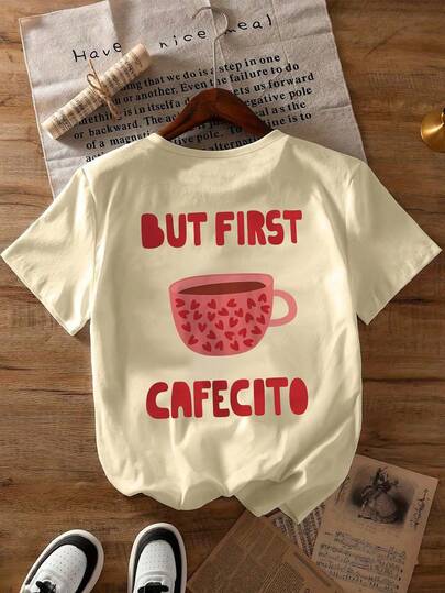 女士休闲“But First Coffee”爱心图案圆领短袖T恤，适合春季、夏季、秋季、情人节/返校季穿着