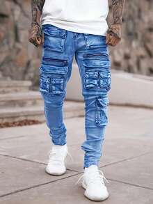 Jeans de corte slim con múltiples bolsillos elásticos de moda urbana para hombre - Azul lavado medio - Ver 2