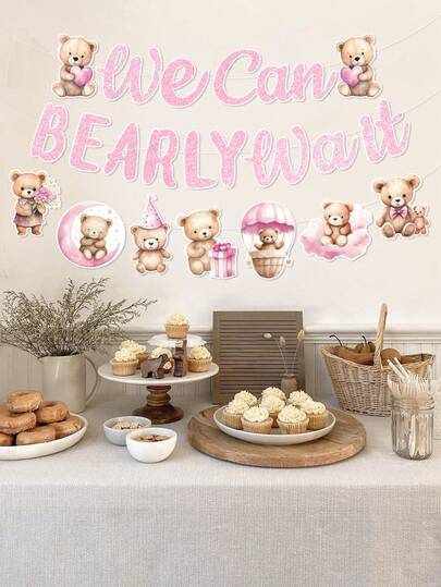 Bear Baby Shower Party Hanging Banner, Pink Bear Pattern Hanging Streamer Banner For Gender Reveal Party Background Decor, "We Can't Wait" Decorations For Baby Party Supplies, Pink Baby Girl Party Decorations Banner, Newborn Welcome Party Room Hanging Decor Banner, Baby Shower Party Decorations, Baby Shower Party Favors, Gender Reveal Decorations