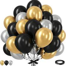 10 pouces Ensemble de ballons noirs, dorés et argentés, ballons en latex noirs, dorés et argentés pour le Nouvel An, anniversaire, décoration de mariage - A-1 - Voir 1