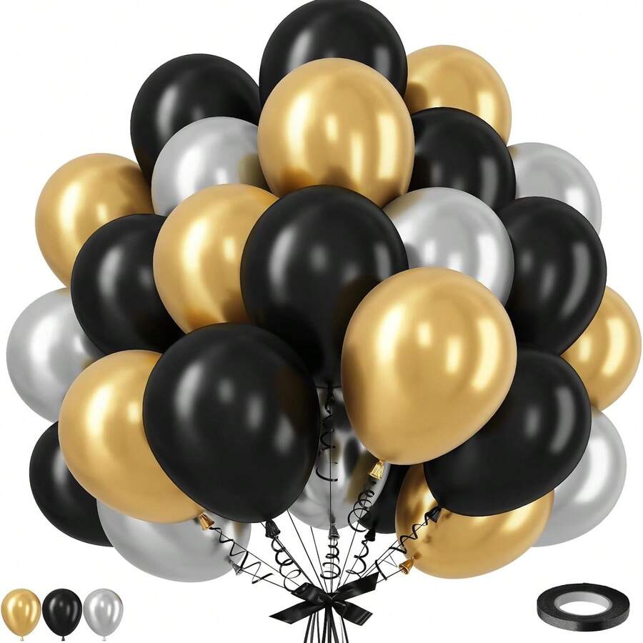 10 pouces Ensemble de ballons noirs, dorés et argentés, ballons en latex noirs, dorés et argentés pour le Nouvel An, anniversaire, décoration de mariage - A-1 - Voir 1