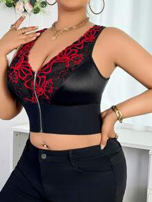 Plus Size Lingerie Curvesexy Lingerie Women's Lace Patchwork Bra And Panty Set / Wireless Thin Lingerie Summer Two Piece Set Lingerie Woman-Zip-Adjustable Shaping Tank Top - 黑色 - 查看 5