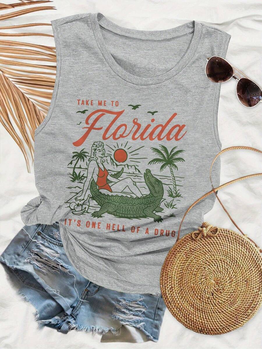 Plus Size-Vintage Style Crocodile Beauty TAKE ME TO Florida Letter Print Sleeveless Round Neck Tank Top-1XL-5XL - 灰色 - 查看 1