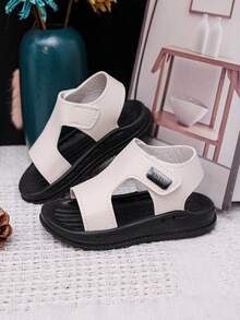 1 Pair Unisex New PU Hook And Loop Design Flat Cute Sandals, Non-Slip Toddler First Walking Shoes, Children Beach Shoes Suitable For Summer - Beige - View 2