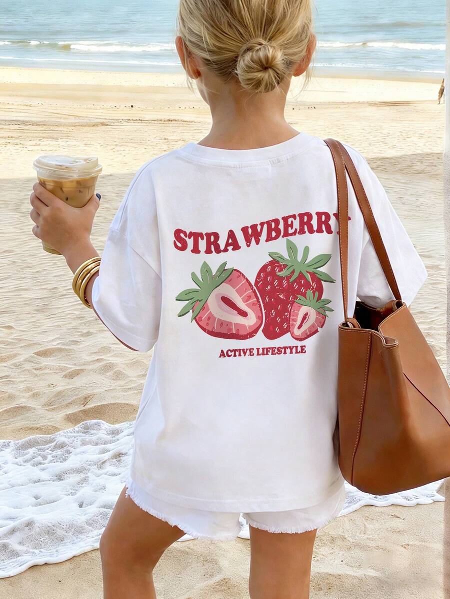 Casual Strawberry Print Round Neck Short Sleeve T-Shirt, Delicious Strawberry Pattern, Colorful, Bringing Joy To Every Child! Tween Girl Graphic Tee, Summer Top, Eid Mubarak, Ramadan Kareem - White - View 1