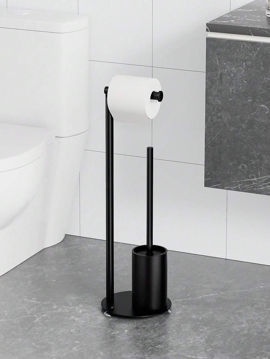 一套马桶刷架，落地式马桶纸巾架带刷子，可折叠纸巾架，全面清洁，马桶纸巾盒，浴室配件 - 彩色 - 查看 1