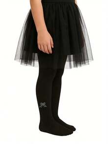 1件装女童闪亮水钻蝴蝶装饰薄款连裤袜，时尚水钻黑色长筒袜，适合女童户外活动 - 黑色 - 查看 6