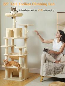PAWZ Road 64" Cat Tree Sisal Scratching Posts Tower With Large Perch Hammock For All Indoor Cats, Beige - 米色 - 查看 1