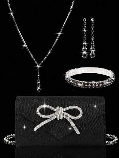 Luxurious And Sparkling Bow Clutch Envelope Bag, Elegant New Women's Evening Bag Party Bag, Paired With A Sparkling Rhinestone Pendant Necklace, Earrings, And Bracelet, Matched With A Glittery Sequin Dress, Perfect For Prom, Wedding, Suitable For Parties, Dances, Gatherings, And Dinners.