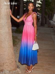 Abito midi da donna elegante con spaghetti e sfumature di rosa e blu, scollo a V in vita alta con design a campana, ideale per l'estate, adatto per vacanze al mare e feste - Multicolore - Visualizzare 3