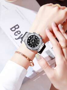 DOM 1pc Women's Fashionable Multi-Function Chronograph Sports Style Watch, Black Strap Calendar Quartz Water-Resistant Ladies Watch With Large Dial And Rhinestones, Suitable For Gifting To Girlfriend And Daily Wear - Black - View 4