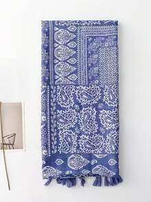 1pc Blue Printed Cashew Pattern Scarf/Shawl For Women, New Spring/Autumn Travel Beach Wrap - Blue - View 2