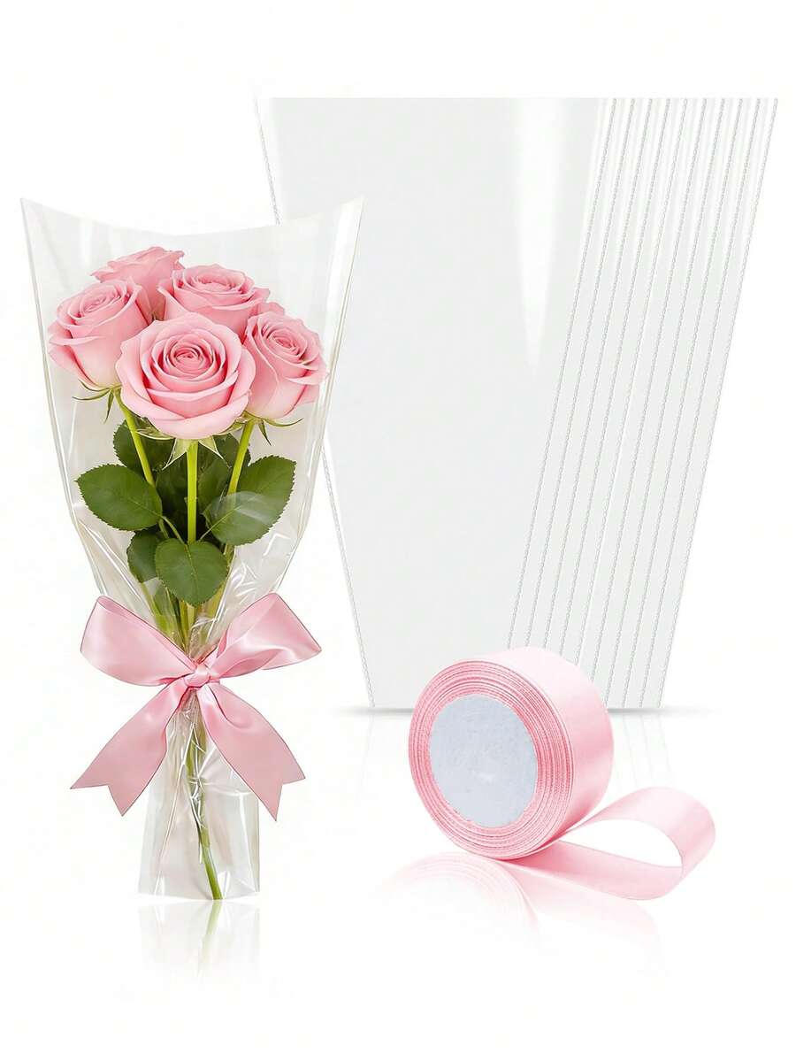 50个透明花束包装袋，鲜花包装套，适用于婚礼、生日、情人节、母亲节。 - 多色 - 查看 1