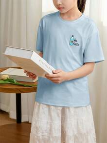 少女学生休闲印花圆领短袖T恤，夏季上衣 - 淺藍色 - 查看 8