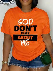 Plus Size-Faith & GOD BONT'T PLAY ABOUT ME Letter Print Round Neck T-Shirt Spring Summer Casual Short Sleeve T-Shirt-1XL-5XL - trái cam - Xem 1