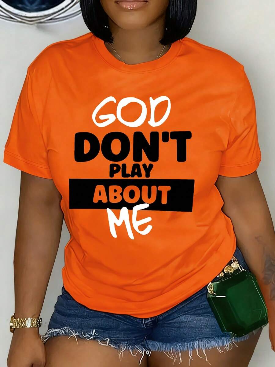 Plus Size-Faith & GOD BONT'T PLAY ABOUT ME Letter Print Round Neck T-Shirt Spring Summer Casual Short Sleeve T-Shirt-1XL-5XL - trái cam - Xem 1