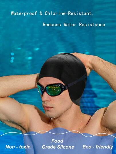 硅胶3D护耳泳帽 - 不含乳胶，防滑防水，适合长发/辫子，耐氯耐撕裂，适合竞技游泳，可搭配耳塞和鼻夹使用