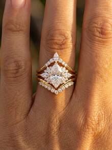 3pcs 925 Sterling Silver V-Shaped Zirconia Inlaid Rings Set, Vintage Fashion Party Birthday Jewelry Gift For Women - Gold - View 4