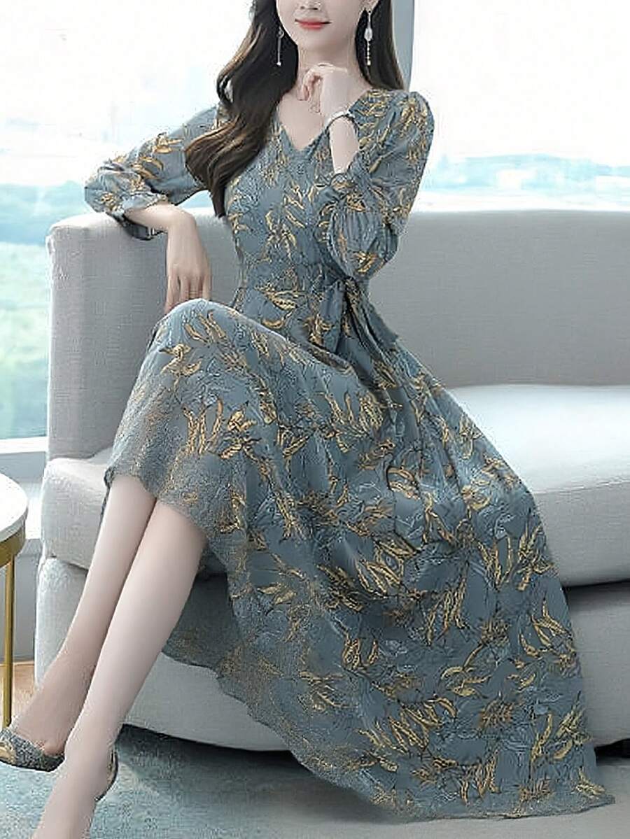 Dresses For Women Vestidos Elegantes De Mujer Women's Black Diamond Print V-Neck Lantern Sleeve Midi Dress, Elegant Commuter Style Spring, Summer And Autumn Valentines Day Outfit Spring Outfits For Women Festival Outfits For Women Concert Outfit Women Womens Tops Spring Break Outfits Brunch Outfits For Women Valentines Clothes Summer Outfits - 灰色 - 查看 1